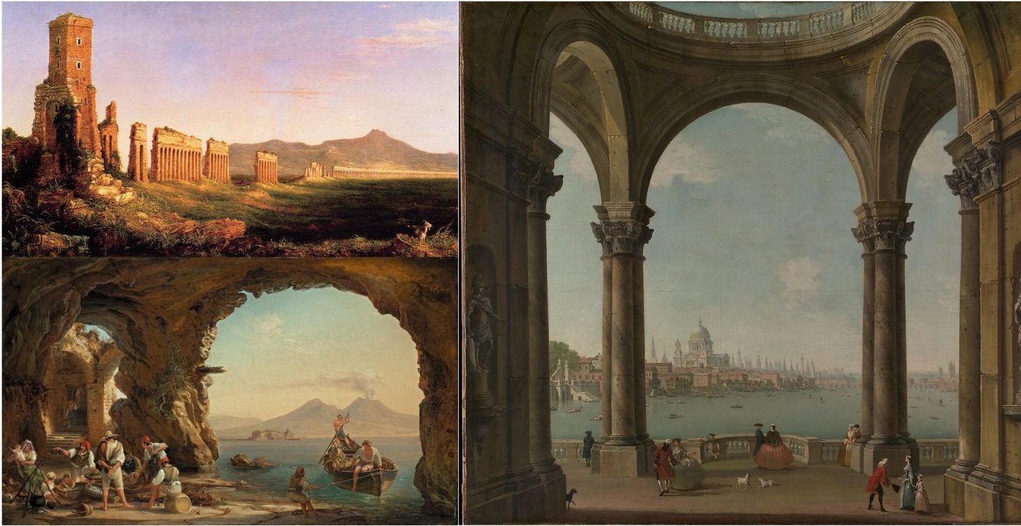 Comparativa visual entre un retrato religioso barroco del siglo XVII y un paisaje luminoso del siglo XIX para tasación de arte.