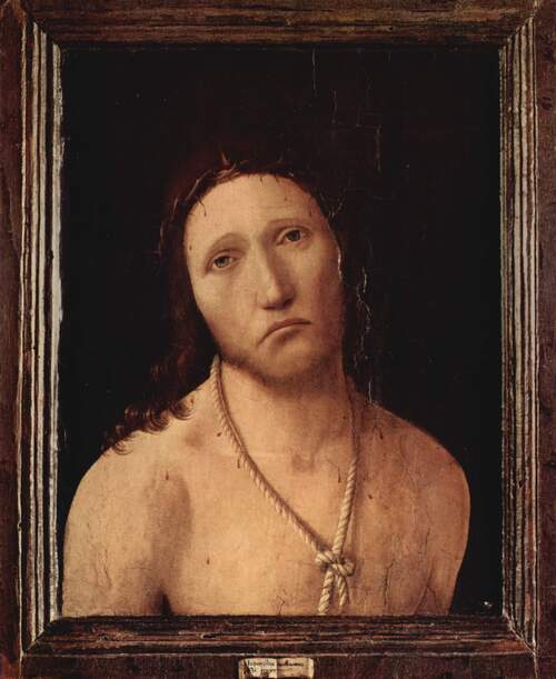 Ecce Homo sobre tabla con marco original y cartelino de atribución de autoría visible en la parte inferior