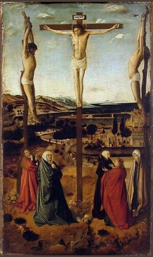 Calvario antiguo sobre tabla, escena de la crucifixión con la Virgen y San Juan, siglos XV-XVI
